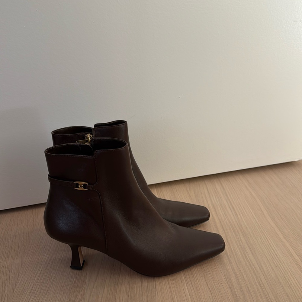Coach heeled booties in chocolate brown leather
